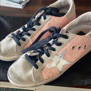 Pink glitter golden goose superstar sneakers